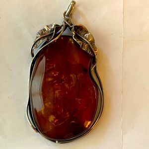 Large Polish silver pendent with amber panel